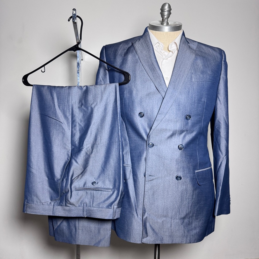 Sean John Suit Mens 44XL 35x31 Blue Solid Double Breasted Peak Lapel Side Vent